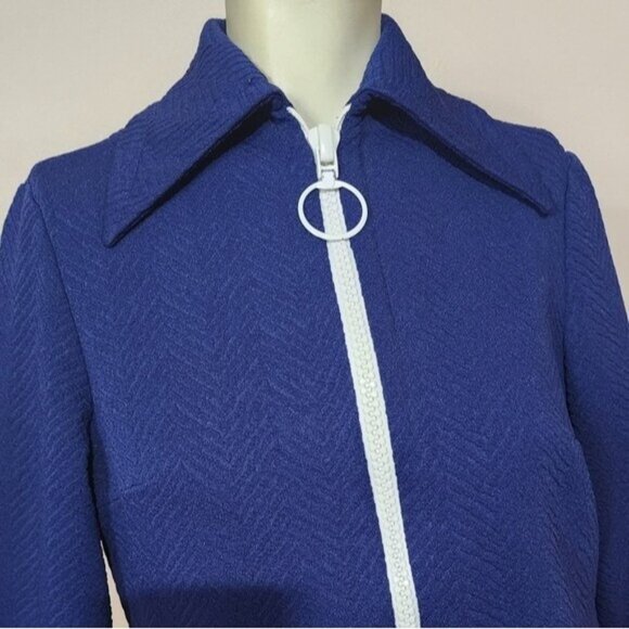VTG 60s Vana Crimplene Mod Jacket | Cobalt Blue White Trim Zip Front Ring Pull - Picture 5 of 9